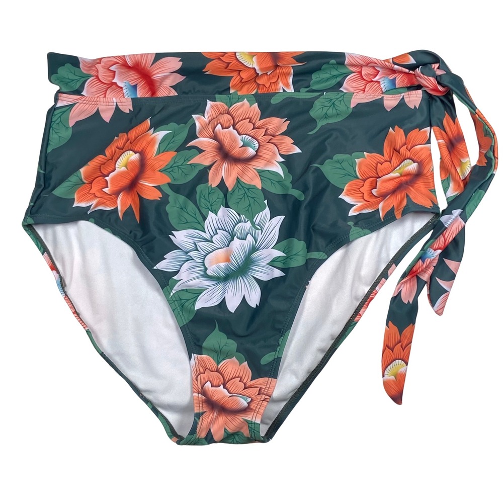 DOKOTOO Floral High Waist Tie Swimsuit Bottoms Women's Size XL Green Pink